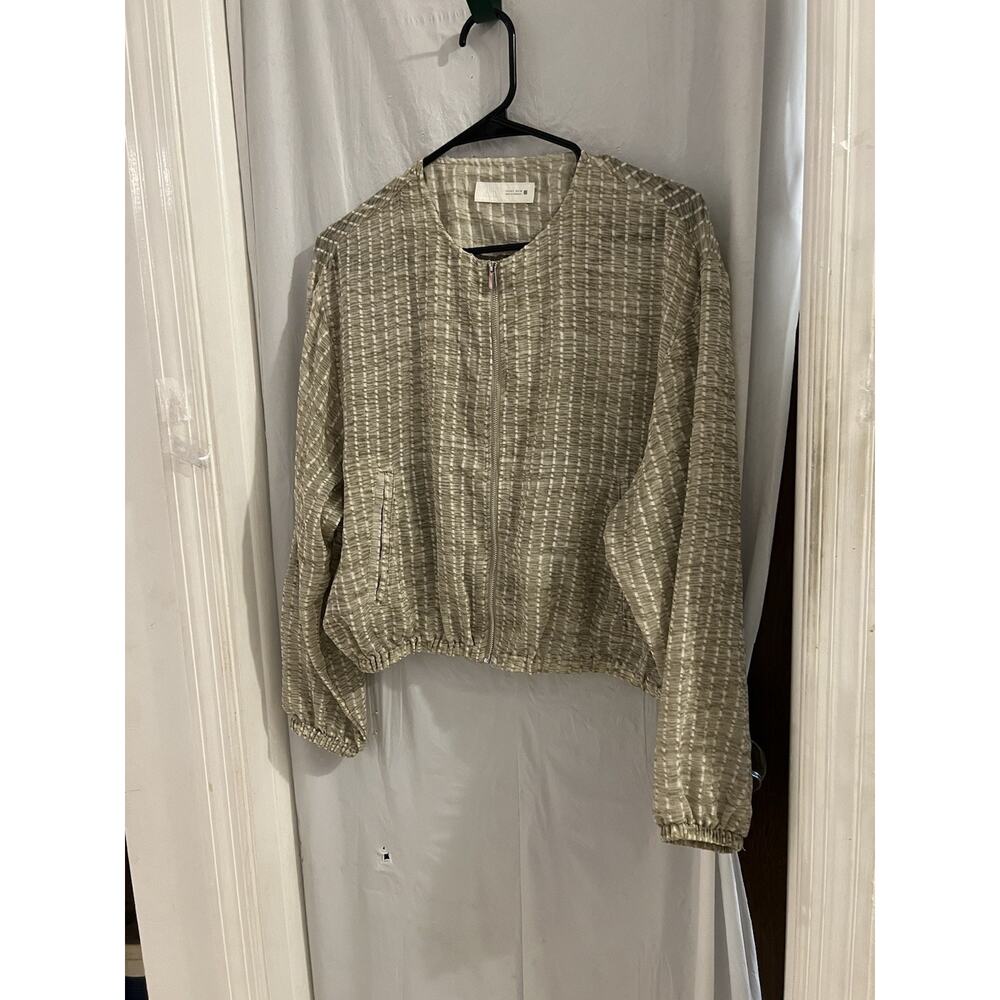 Zara Tan Flowing Organza Jacket Cropped Full Zip Sz L Bomber Lightweight - Picture 2 of 8
